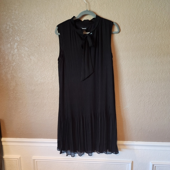 open lace back dress DKNY Womens Blue Pleated Sheer Lined Sleeveless Tie Neck Above The Kne –  Bobbi + Bricka